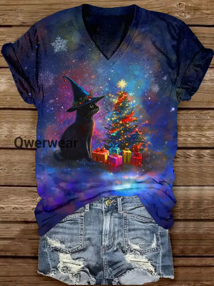 Black Cat Witch Christmas Tree Christmas Art Print Unisex V-neck Short Sleeve Casual T-shirt Navy Blue / S