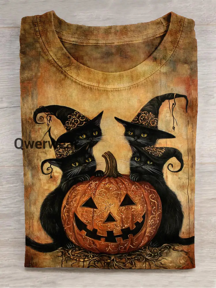 Black Cat Wizard Art Print Unisex Round Neck Short Sleeve Casual T-Shirt Dark Brown / S