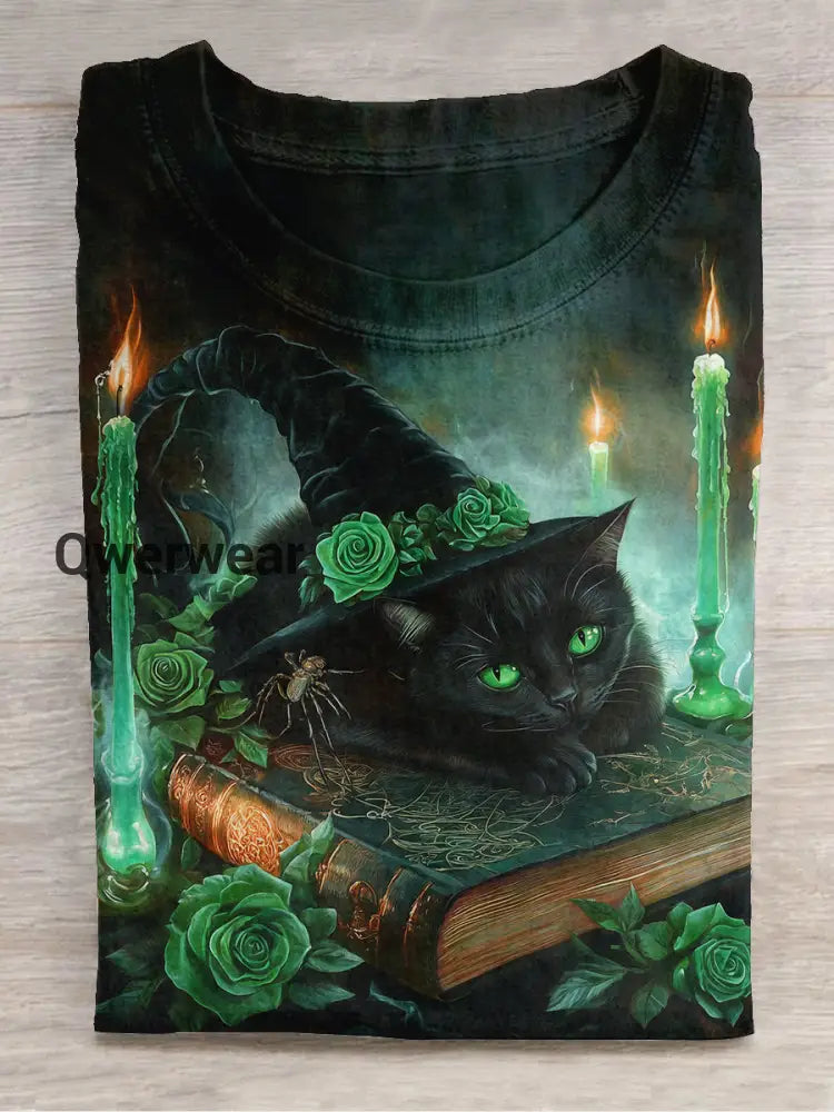 Black Cat Wizard Art Print Unisex Round Neck Short Sleeve Casual T-Shirt Black-Green / S
