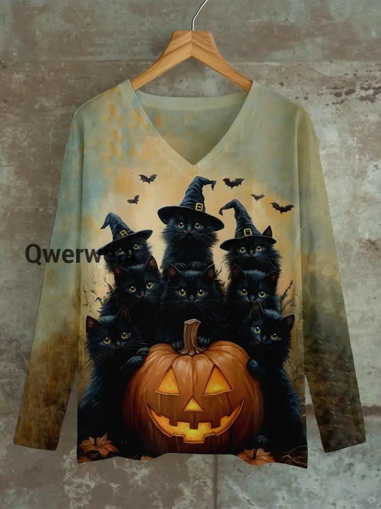 Black Cat Wizard Art Print Unisex V-Neck Long Sleeve Casual T-Shirt Light Brown / S