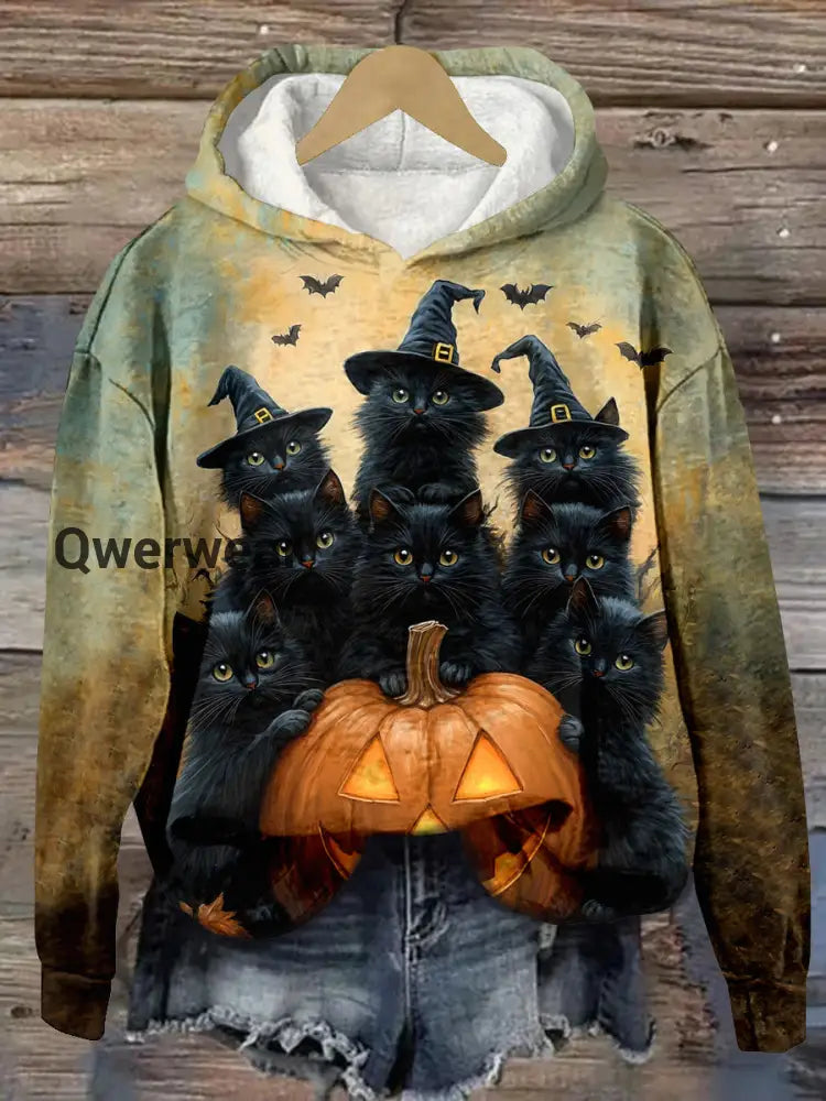 Black Cat Wizard Pumpkin Art Print Unisex Casual Hooded Sweatshirt Light Brown / S
