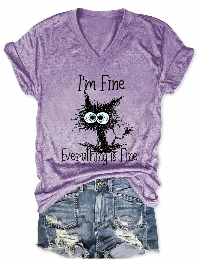 I Am Fine Everything Is Fine Cat Print Shirts&Tops