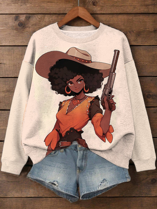 Women's Afro Cowgirl Print Casual Sweatshirt