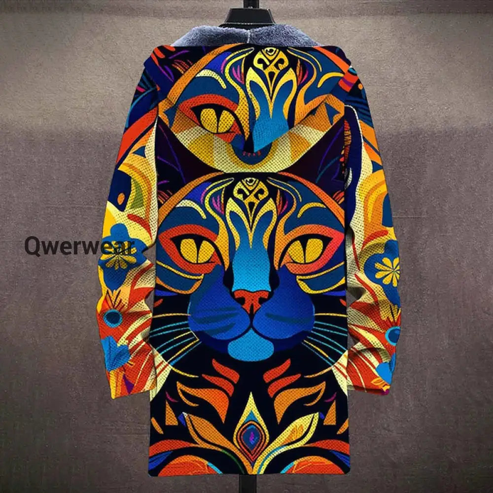 Cat Abstract Art Plush Long Sleeve Printed Sweater Cardigan Coat Men\’s Tops