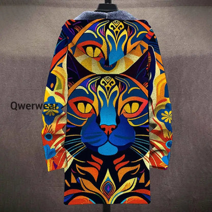 Cat Abstract Art Plush Long Sleeve Printed Sweater Cardigan Coat Men\’s Tops