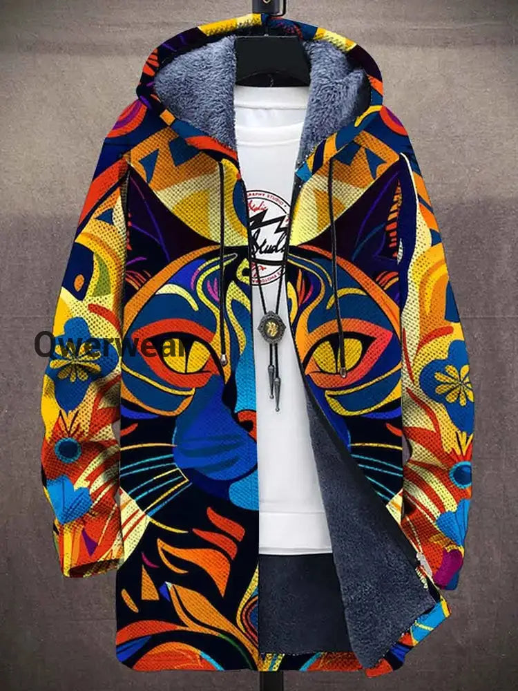 Cat Abstract Art Plush Long Sleeve Printed Sweater Cardigan Coat Men\’s Tops