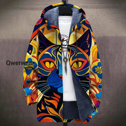 Cat Abstract Art Plush Long Sleeve Printed Sweater Cardigan Coat multicolor / S Men\’s Tops