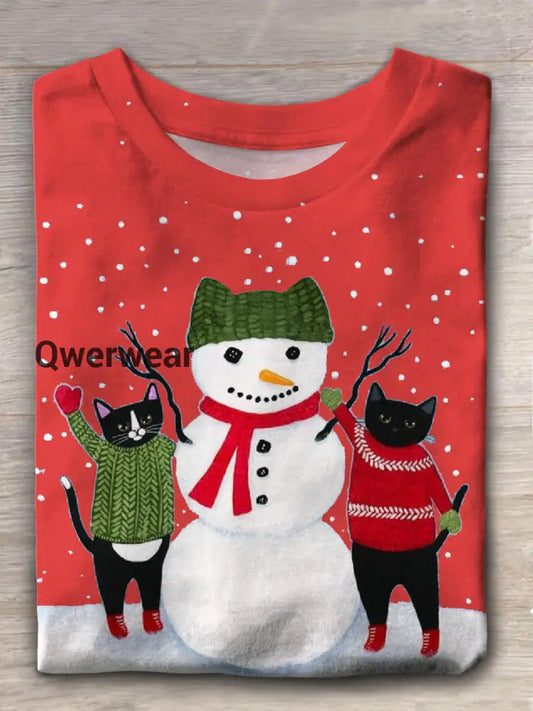 Cat and Snowman Christmas Crew Neck T-shirt Mixed Color / S Women\’s Tops