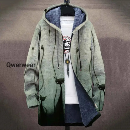 Cat Art Plush Thick Long Sleeve Printed Sweater Cardigan Jacket Green / S Men\’s Tops