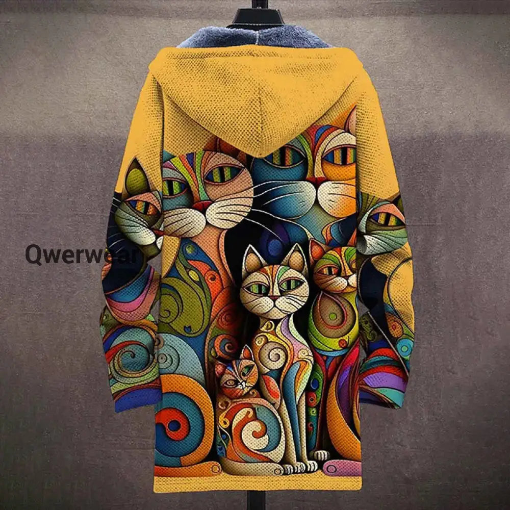Cat Art Plush Thick Long Sleeve Printed Sweater Cardigan Jacket Men\’s Tops