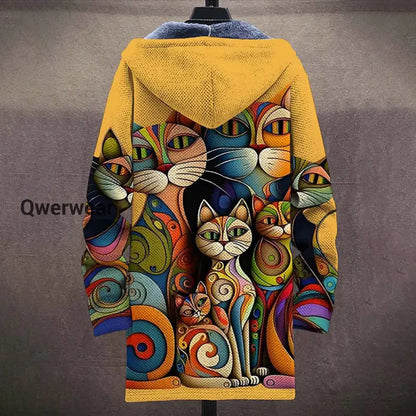 Cat Art Plush Thick Long Sleeve Printed Sweater Cardigan Jacket Men\’s Tops