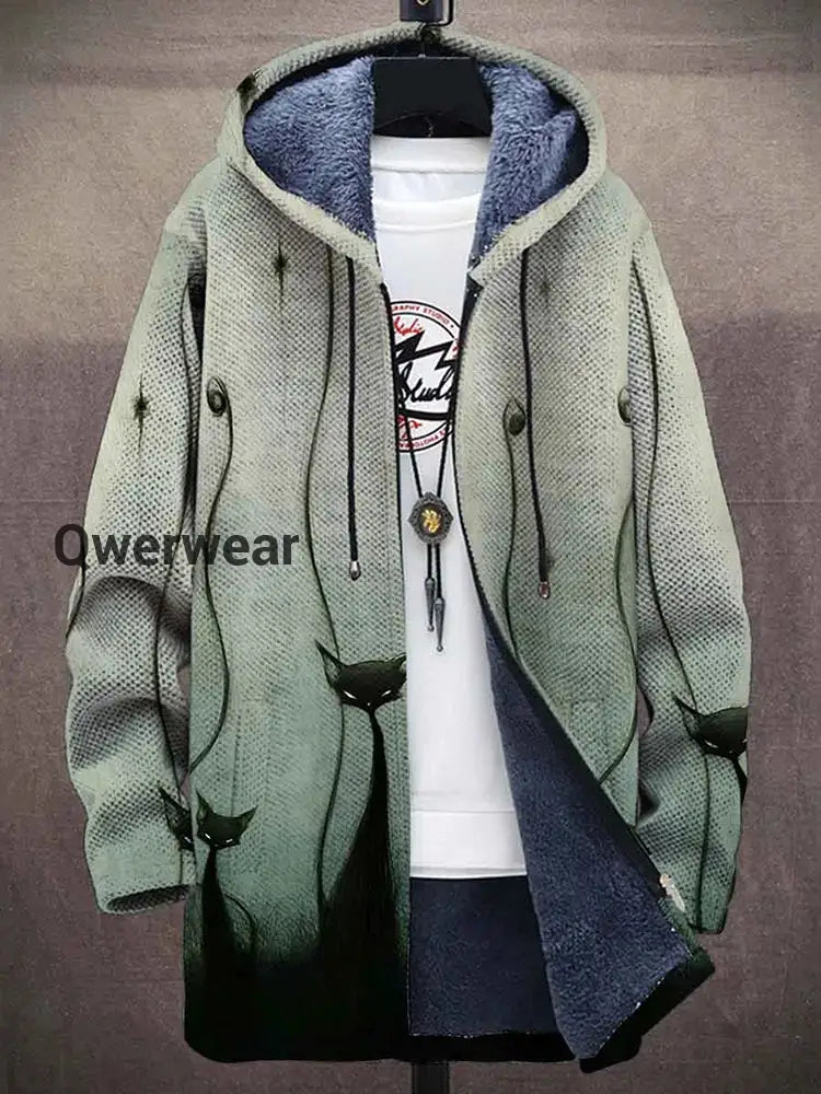 Cat Art Plush Thick Long Sleeve Printed Sweater Cardigan Jacket Men\’s Tops