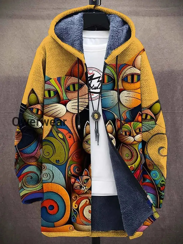 Cat Art Plush Thick Long Sleeve Printed Sweater Cardigan Jacket Men\’s Tops