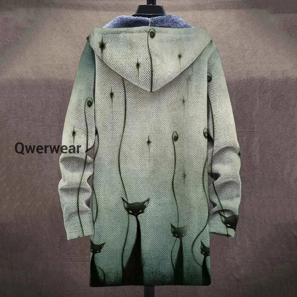 Cat Art Plush Thick Long Sleeve Printed Sweater Cardigan Jacket Men\’s Tops