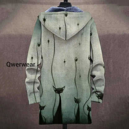 Cat Art Plush Thick Long Sleeve Printed Sweater Cardigan Jacket Men\’s Tops