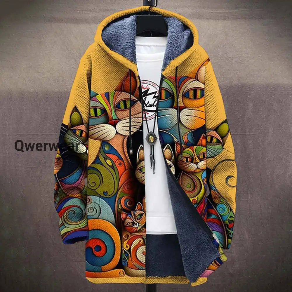 Cat Art Plush Thick Long Sleeve Printed Sweater Cardigan Jacket multicolor / S Men\’s Tops