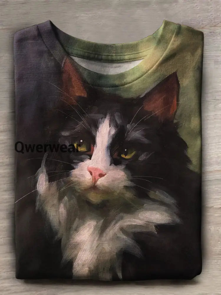 Cat Art Print Casual Short Sleeve Top Multicolor / S