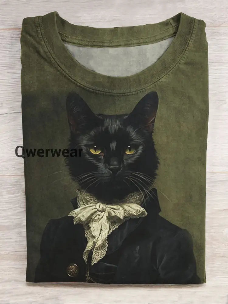 Cat Art Print Casual Short Sleeve Top Multicolor / S