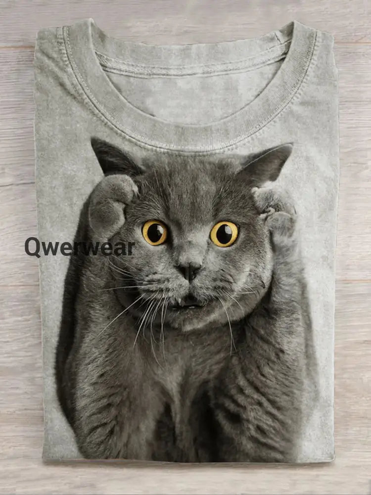 Cat Art Print Casual Short Sleeve Top Multicolor / S