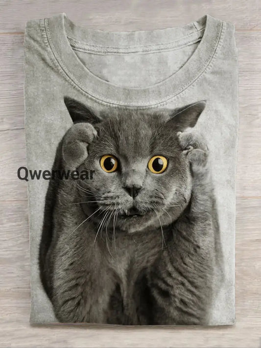 Cat Art Print Casual Short Sleeve Top Multicolor / S