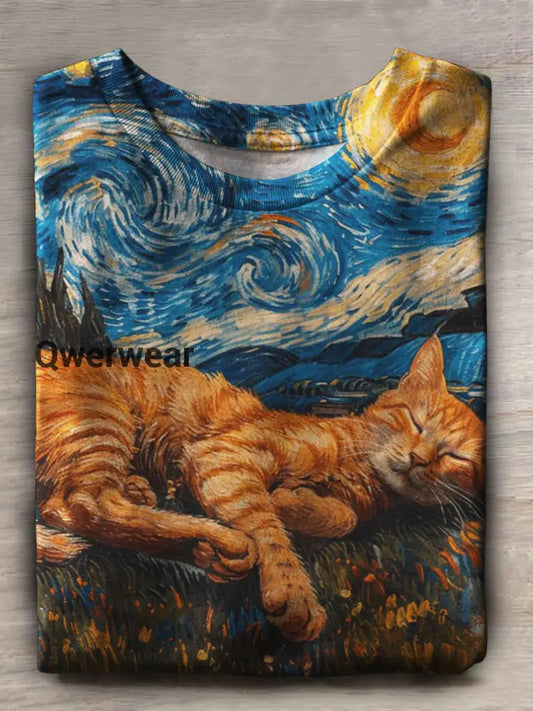 Cat Art Print Casual Short Sleeve Top Multicolor / S