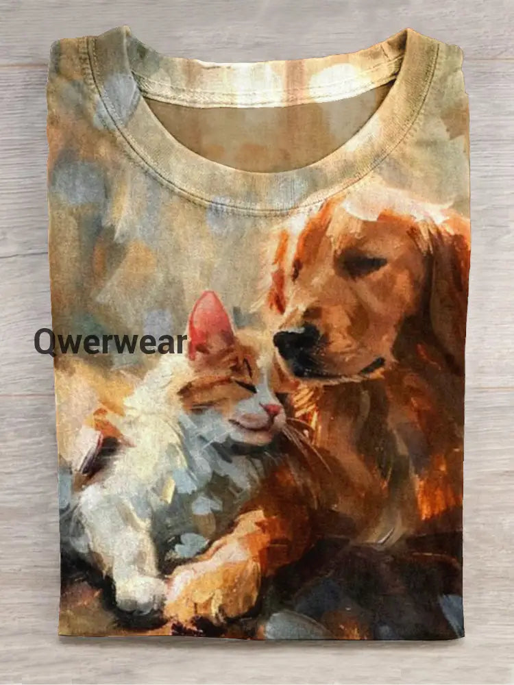 Cat Art Print Round Neck Short Sleeve Casual T-Shirt Brown / S