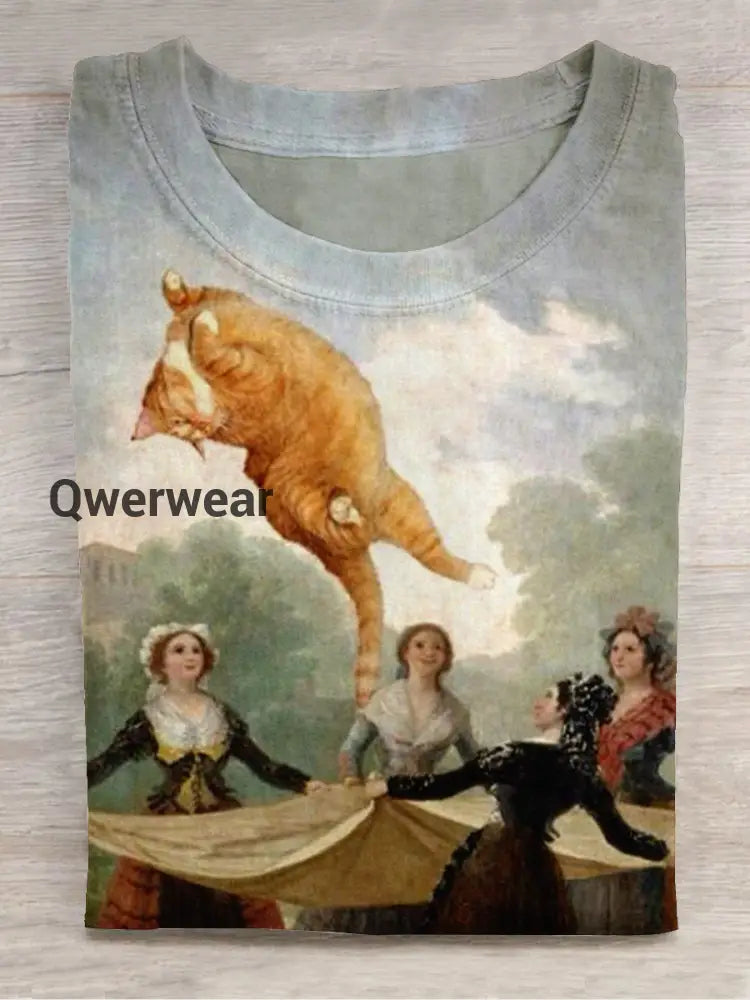 Cat Art Print Round Neck Short Sleeve Casual T-Shirt Dark Blue-Gray / S