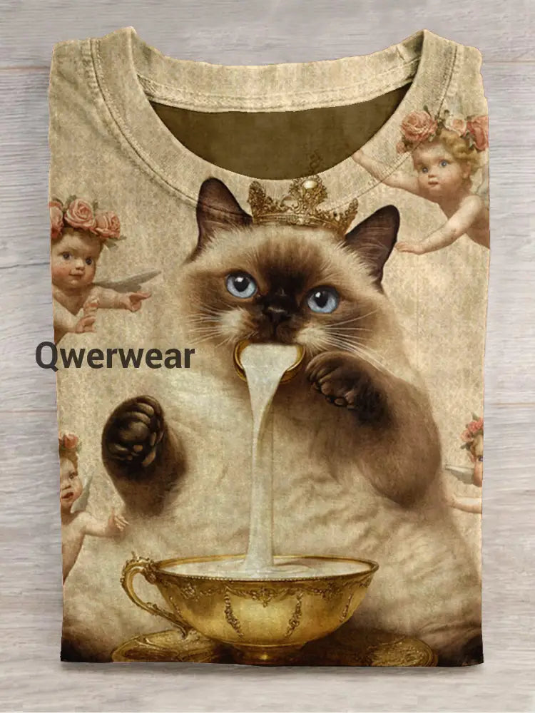 Cat Art Print Round Neck Short Sleeve Casual T-Shirt Khaki / S