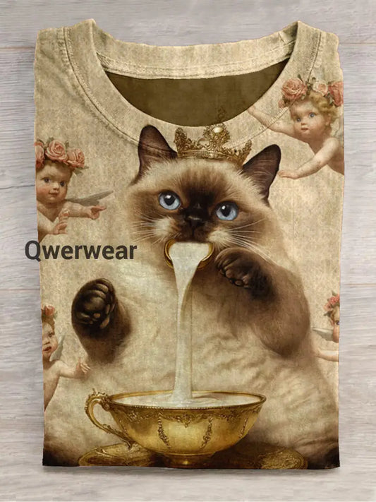 Cat Art Print Round Neck Short Sleeve Casual T-Shirt Khaki / S