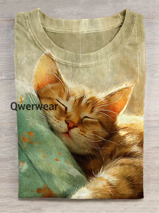 Cat Art Print Round Neck Short Sleeve Casual T-Shirt Light Green / S