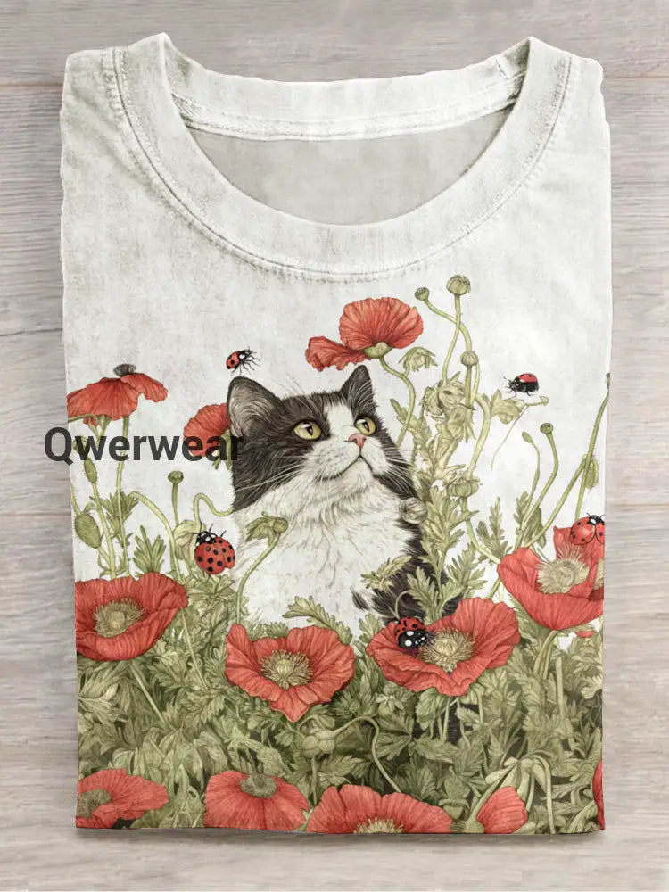 Cat Art Print Round Neck Short Sleeve Casual T-Shirt White / S
