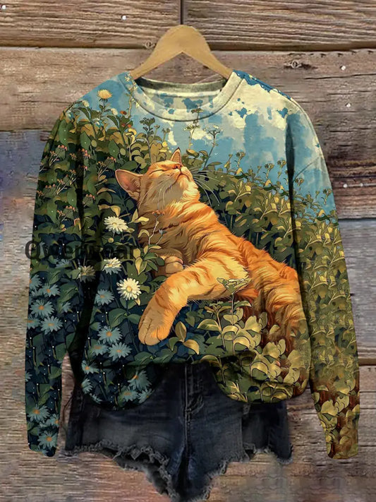 Cat Art Print Unisex Crew Neck Long Sleeve Casual Sweatshirt Blue / S