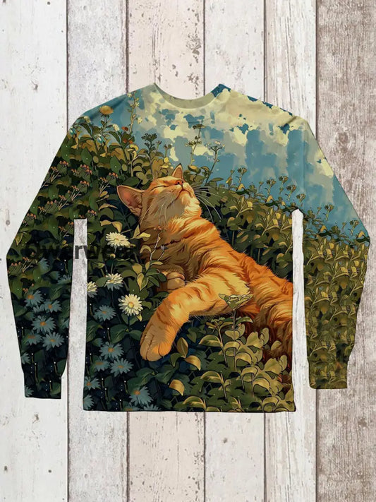 Cat Art Print Unisex Crew Neck Long Sleeve Casual T-Shirt Blue / S