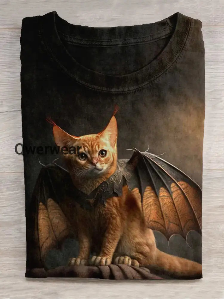 Cat Art Print Unisex Crew Neck Short Sleeve Casual T-Shirt Black-Brown / S