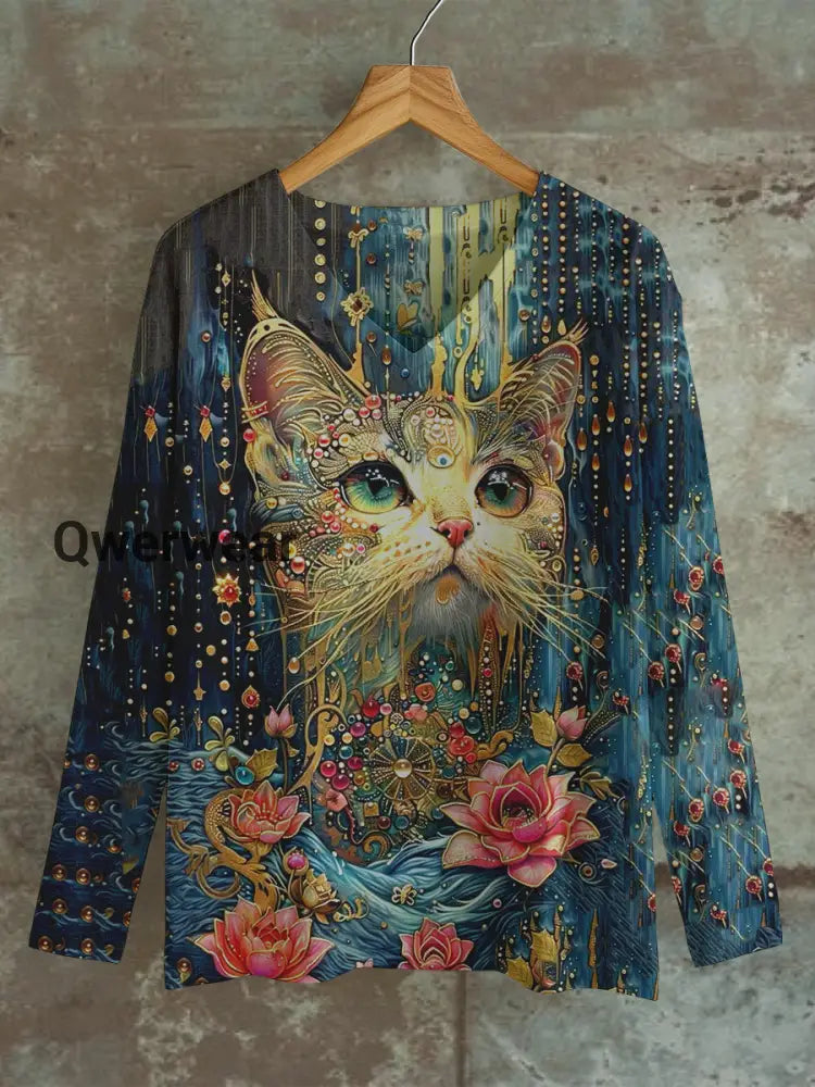 Cat Art Print Unisex V-Neck Long Sleeve Casual T-Shirt Navy Blue / S