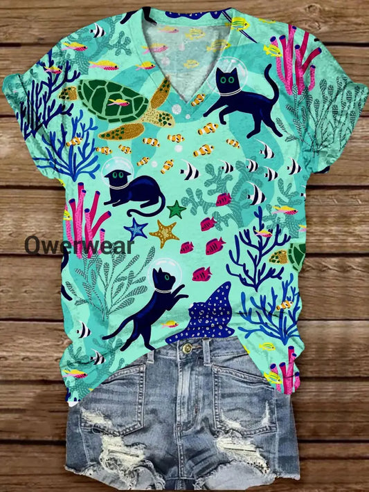 Cat Art Print Unisex V-Neck Short Sleeve Casual T-Shirt Cyan / S