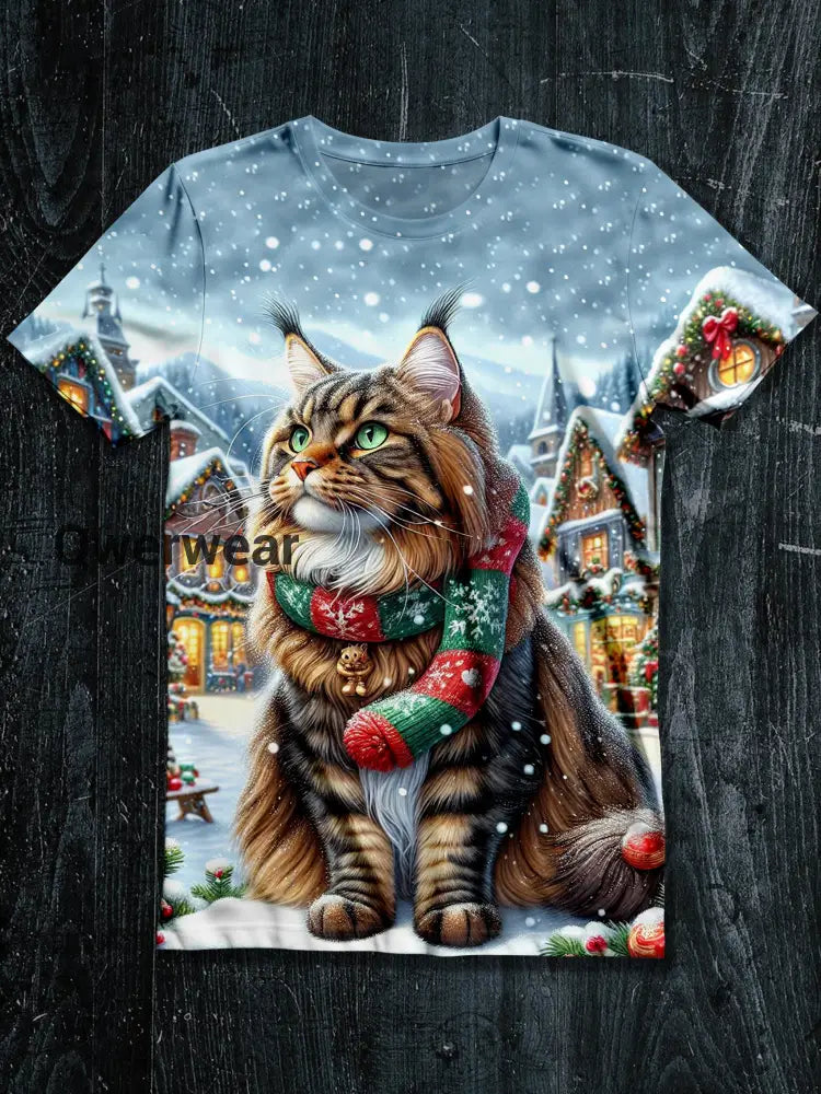 Cat Christmas Art Print Unisex Crew Neck Short Sleeve Casual T-Shirt Light Blue / S