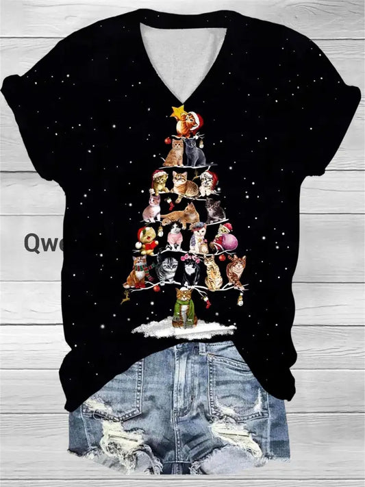 Cat Christmas Tree Print V-Neck T-Shirt Black / S Women\’s Tops