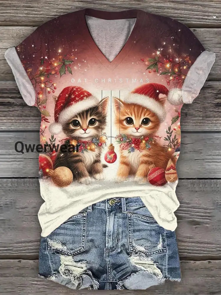 Cat Christmas V-Neck T-Shirt multicolor / S Women\’s Tops