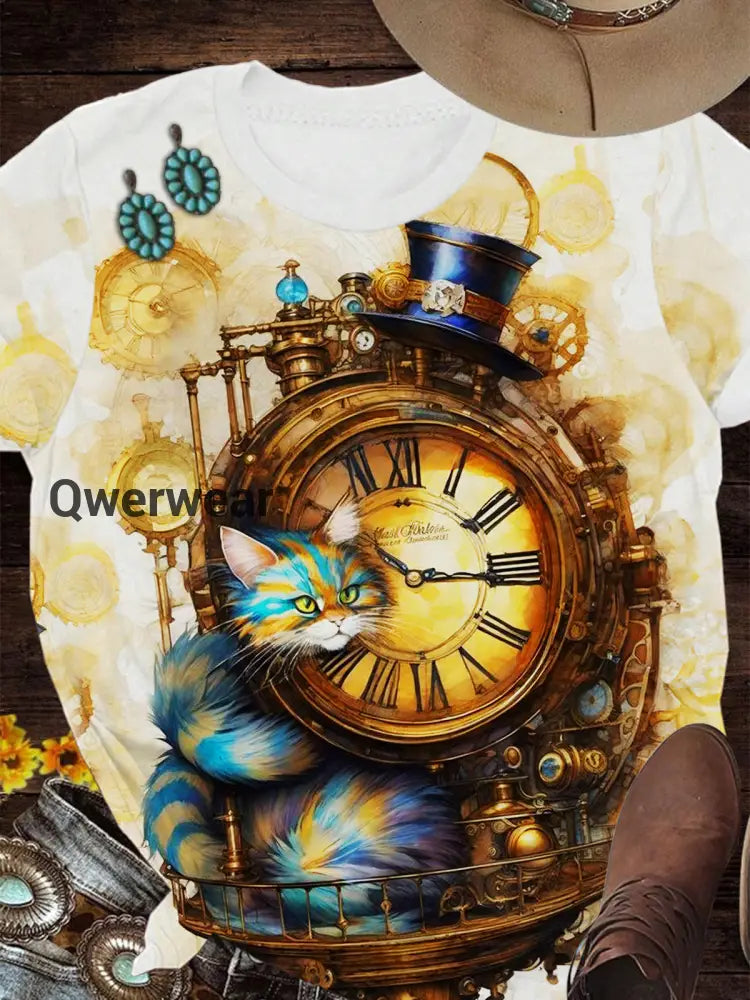 Cat Clock Crew Neck T-shirt As Picture / S Women\’s Tops