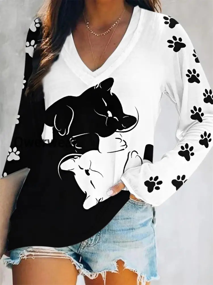 Cat Color Block Print V-Neck Long Sleeve Top As Picture / S Women\’s Tops