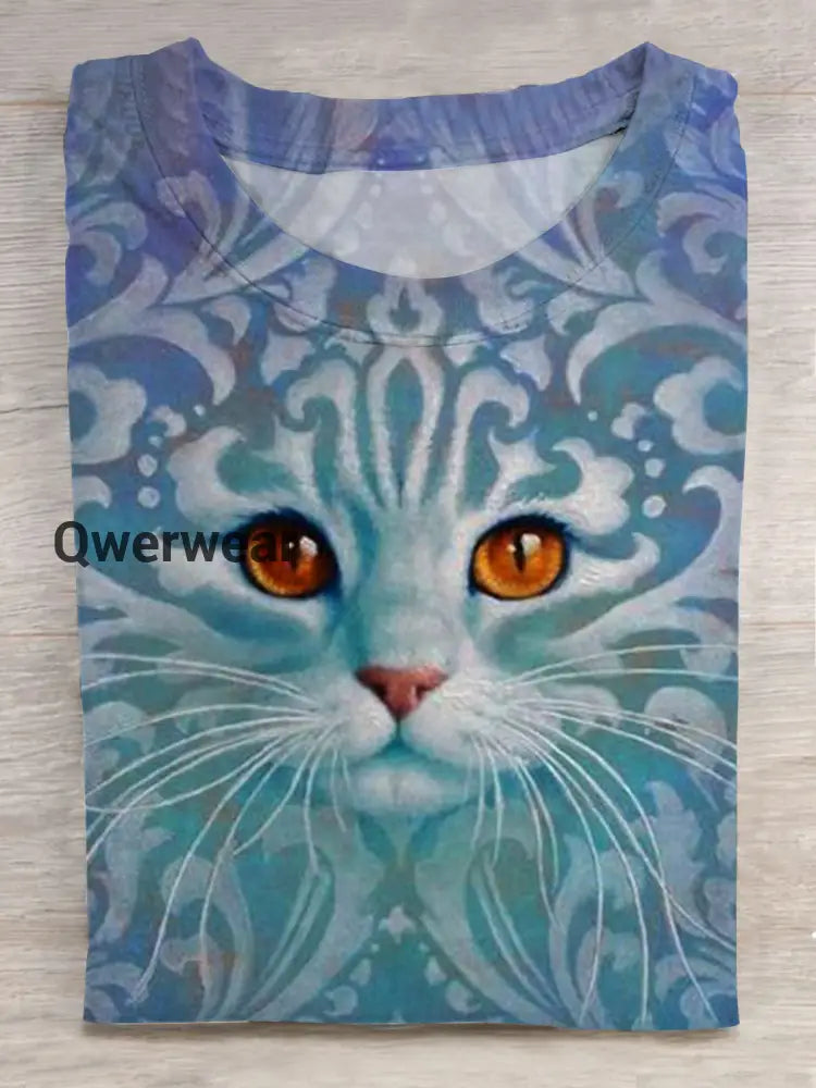 Cat Face Retro Pattern Crew Neck T-shirt As Picture / S Women\’s Tops