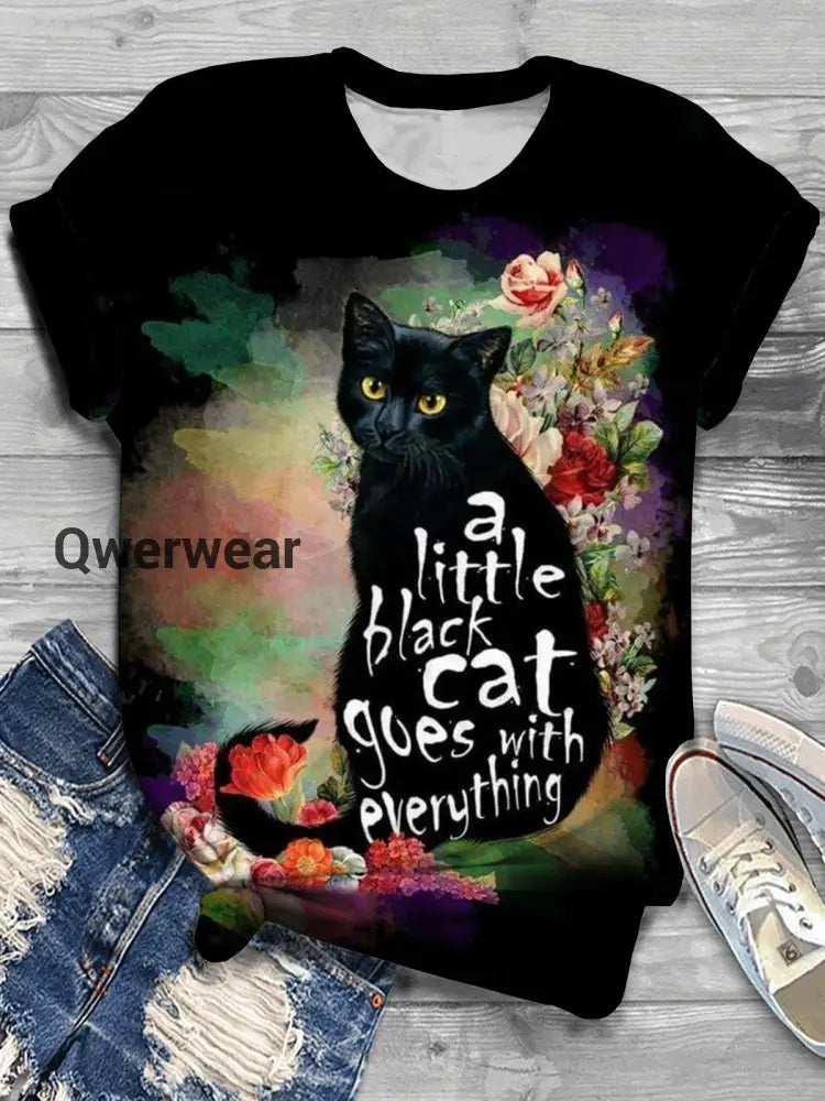 Cat Flower Print Crew Neck T-shirt Mixed Color / S Halloween