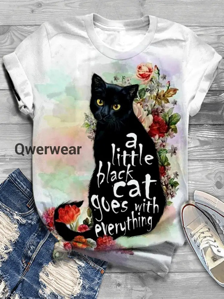 Cat Flower Print Crew Neck T-shirt White / S Halloween