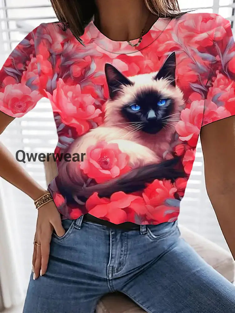 Cat In Flower Bush Crew Neck T-shirt As Picture / S Women\’s Tops