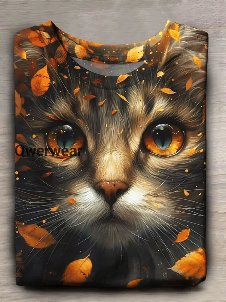 Cat Print Short Sleeve Crew Neck T-shirt Mixed Color / S Women\’s Tops