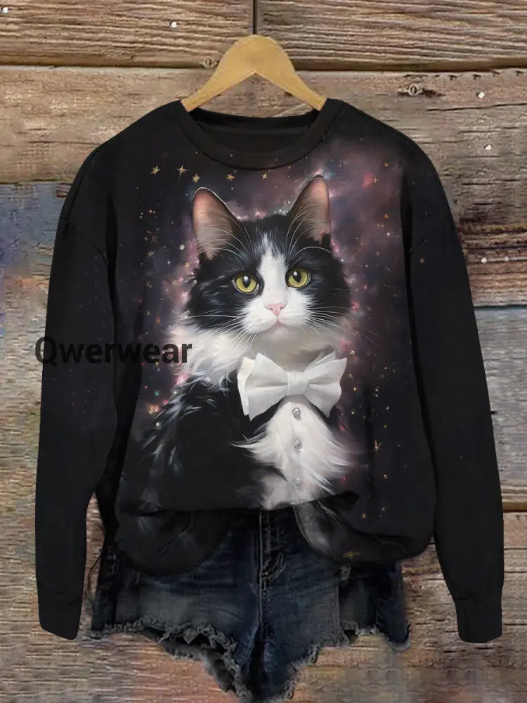 Cat Print Unisex Crew Neck Long Sleeve Casual Sweatshirt Black / S