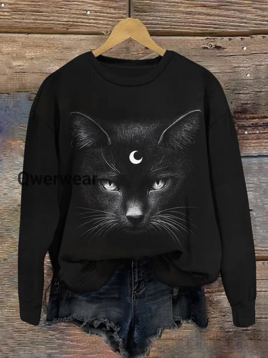 Cat Print Unisex Crew Neck Long Sleeve Casual Sweatshirt Black / S