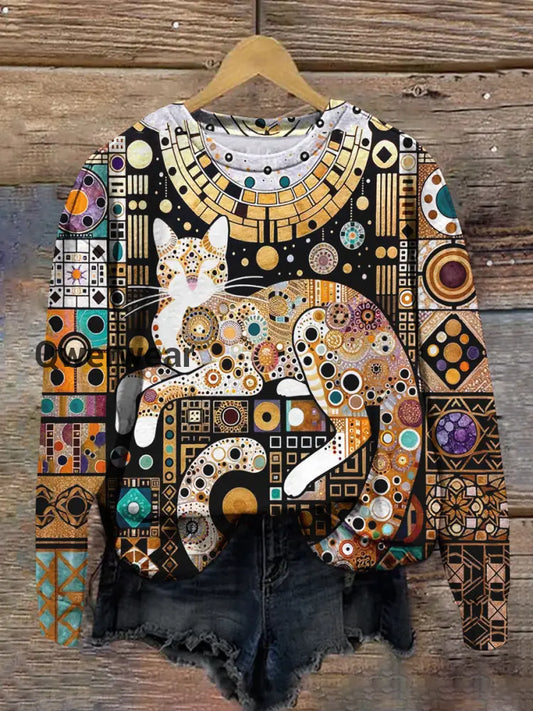 Cat Retro Graphic Print Unisex Crew Neck Long Sleeve Casual Sweatshirt Light Brown / S