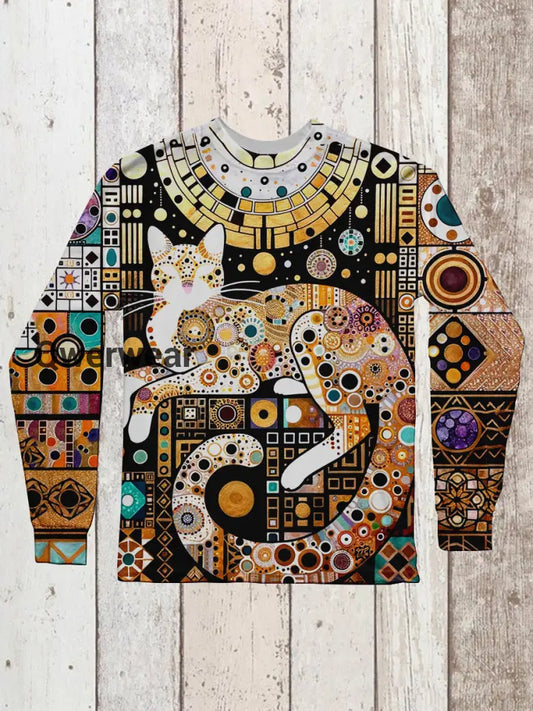 Cat Retro Graphic Print Unisex Crew Neck Long Sleeve Casual T-Shirt Light Brown / S